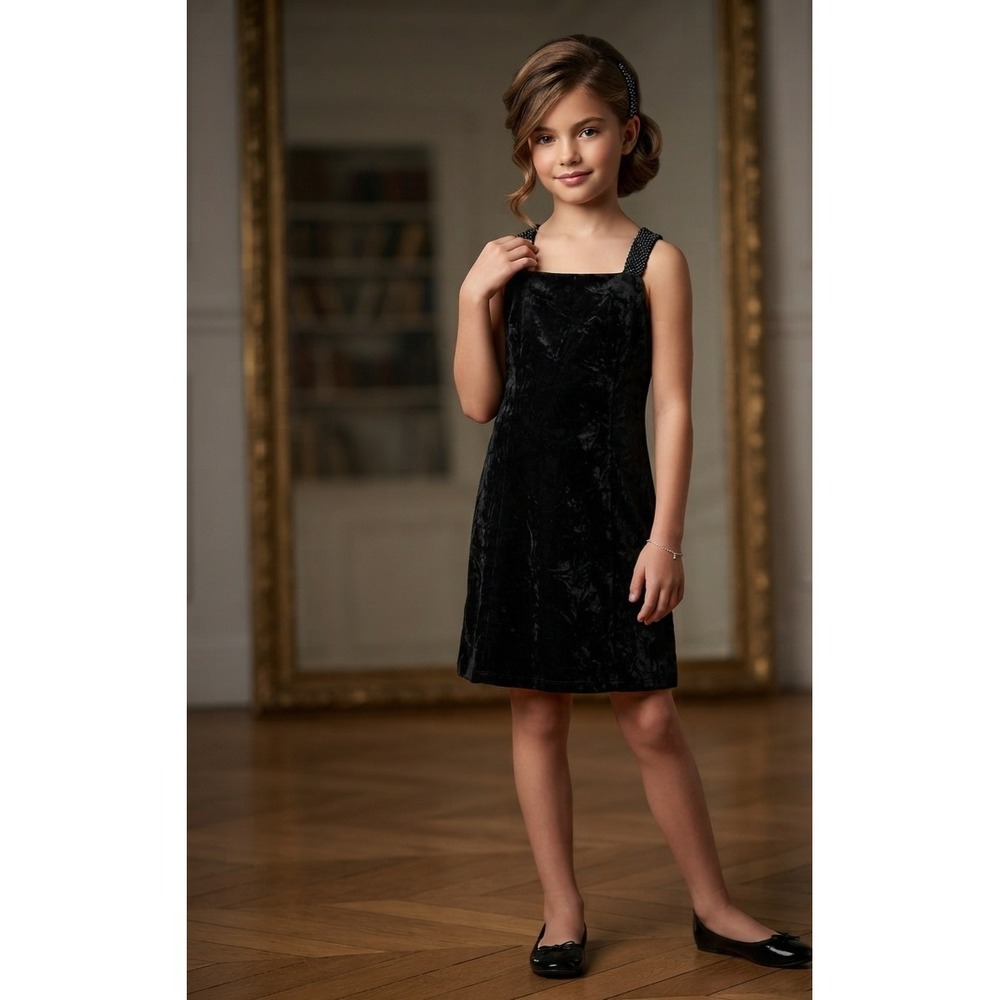 Polo Ralph Lauren Girls Black Silk Blend Velvet Beaded Strap Dress Size 12